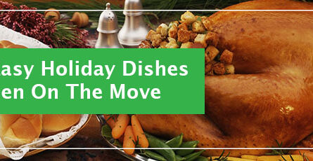 A typical thanksgiving spread with a green block off to the left. White text within the green block states "5 Easy Holiday Dishes for When You're On The Move"