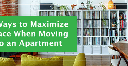 The interior of an apartment's living room. A green block with white text is off to the left and says "5 Ways to Maximize Space When Moving into an Apartment