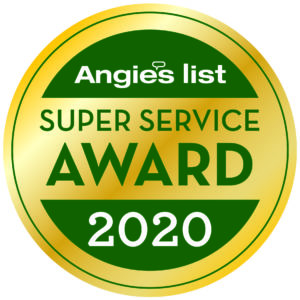 A golden circles with a top and bottom section, separated by another gold strip, displaying "Angie's List Super Service Award 2020